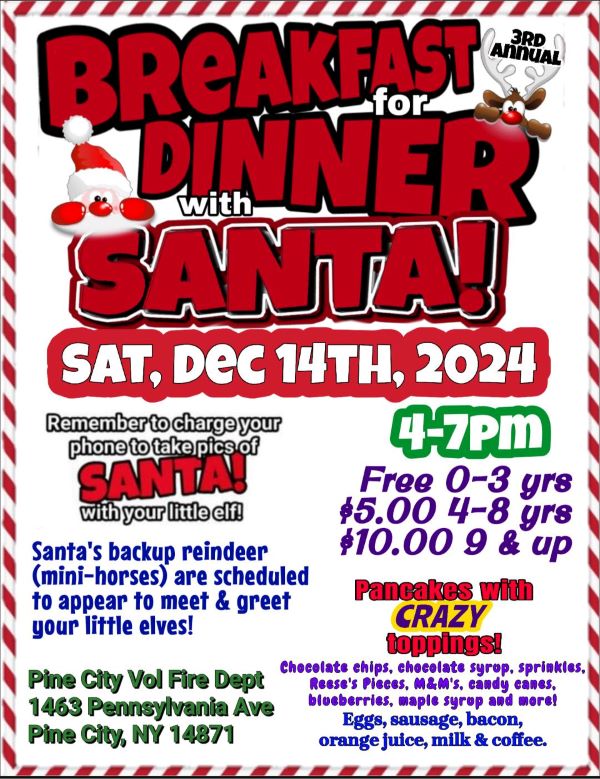 Pine City FD to host Breakfast for Dinner with Santa