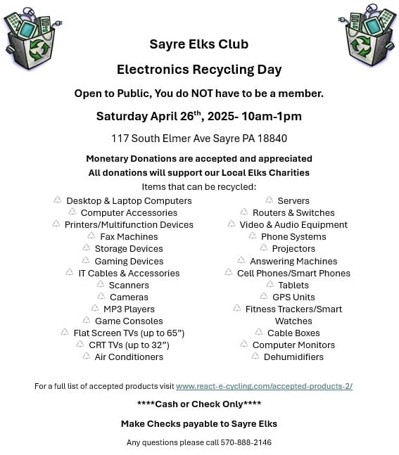 Sayre Elks Electronic Recycling Day set for Saturday