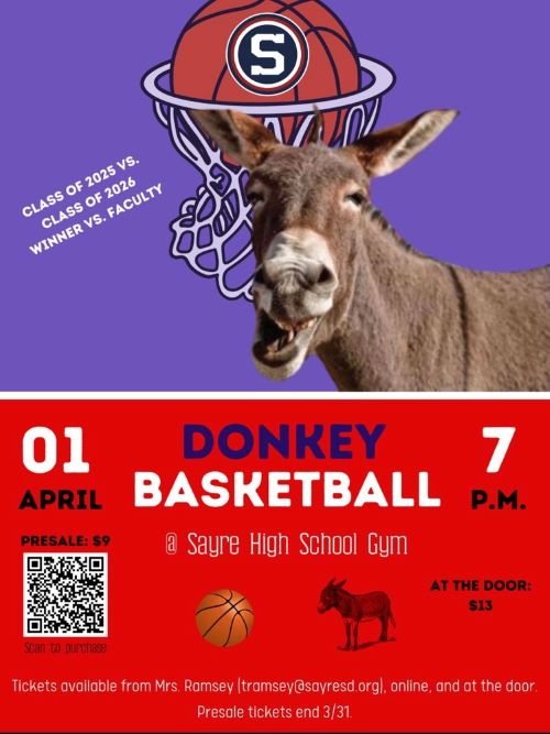 Sayre High School Class of 2025 to host Donkey Basketball game tonight