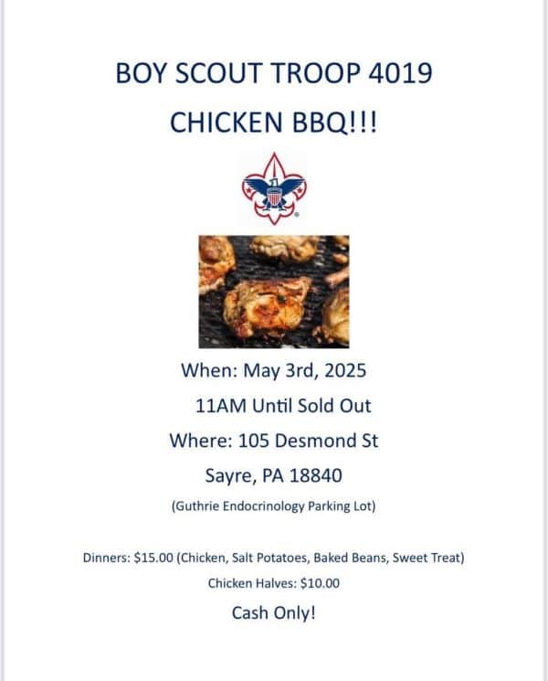 Boy Scout Troop 4019 holding chicken BBQ fundraiser on Saturday