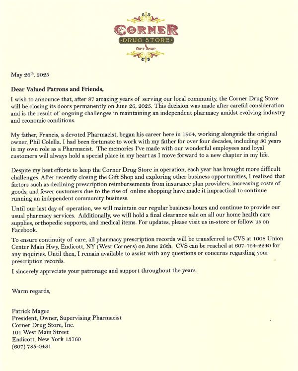 Endicott drug store to close after 87 years in business