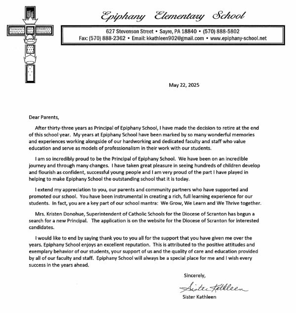 Sister Kathleen announces retirement from Epiphany School