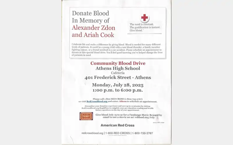 Blood drive to be held in Athens on July 28th